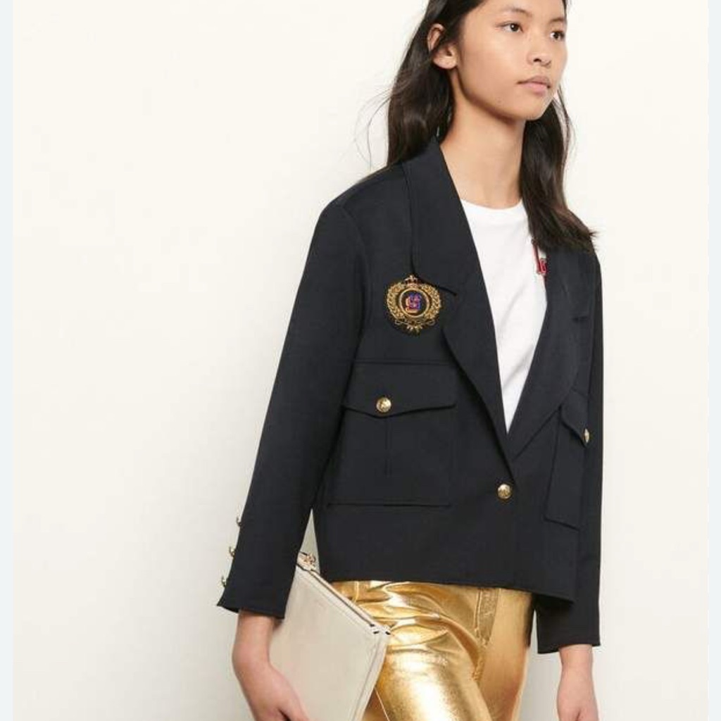 Sandro Cropped Military Navy Blazer